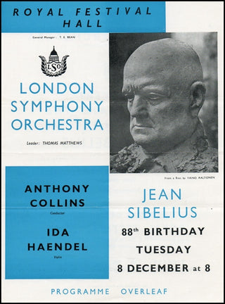 Sibelius, Jean. (1865-1957) [Haendel, Ida.] 88th Birthday LSO Program