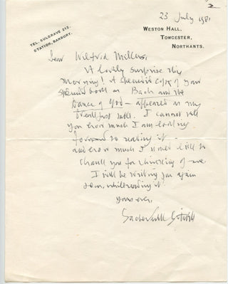 Sacheverell Sitwell autograph letter signed to Wilfrid Mellers, view 1