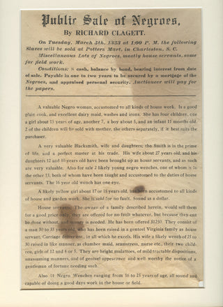 [Slavery] [Black Americana] Clagett, Richard. "Public Sale of Negroes" - Slavery Broadside, 1833