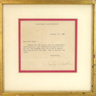 Sondheim, Stephen. (1930-2021) Typed Letter Signed  - "By the time anybody gives my stuff a chance, they have killed the show"