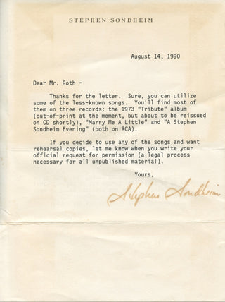 Sondheim, Stephen. (1930-2021) Typed Letter Signed - "Sure, you can utilize some of the less-known songs"