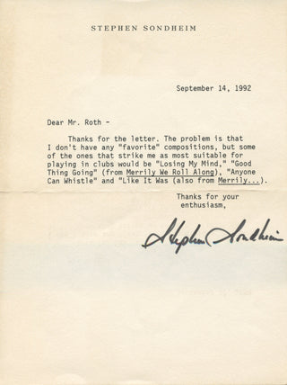 Sondheim, Stephen. (1930-2021) Typed Letter Signed, suggesting songs "most suitable for playing in clubs"