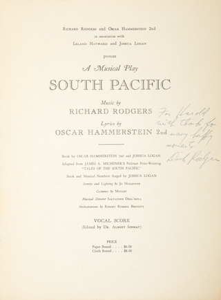 Rodgers, Richard. (1902-1979) [& Hammerstein, Oscar. (1895-1960)]  [Arlen, Harold (1905–1986)] South Pacific - Inscribed to Harold Arlen