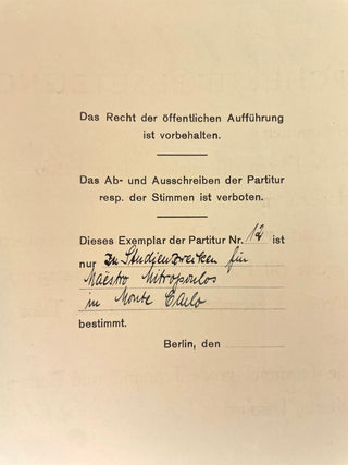 Strauss, Richard. (1864–1949) [Mitropoulos, Dimitri. (1896–1960)] Die schweigsame Frau / Komische Oper in drei Aufzügen / Frei nach Ben Johnson von Stefan Zweig...  Opus 80 / Potpourri / Orchester-Partitur –  Conductor's Score from the Collection of Mitro