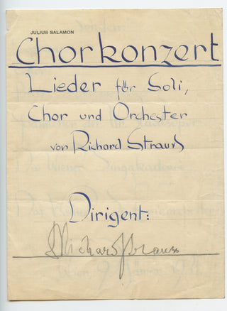 Strauss, Richard. (1864–1949) [Manowarda, Josef von. (1890–1942)] Signed Hand-Lettered Program for a Choral Concert of His Works, Vienna, 1931, view 1