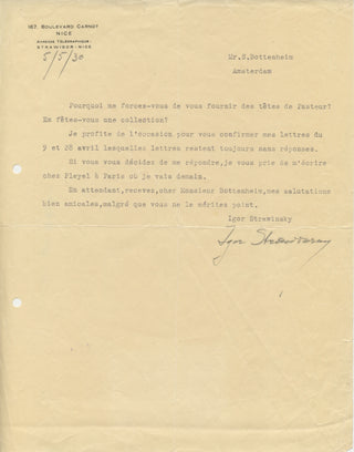 Stravinsky, Igor. (1882–1971) Pair of Typed Letters Signed regarding the premiere of the Violin Concerto