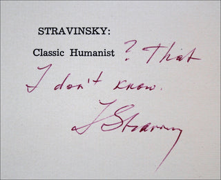 Stravinsky, Igor. (1882–1971) [Strobel, Heinrich. (1898–1970)] "Stravinsky: Classic Humanist," SIGNED
