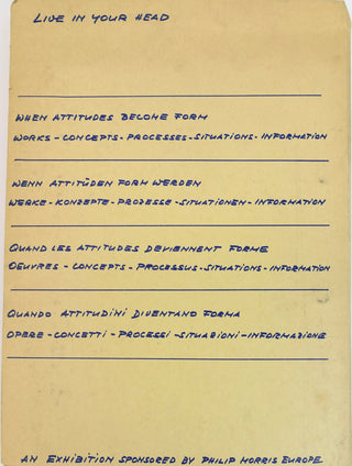 Szeemann, Harald. (1933-2005), Müller, Grégoire. (b. 1947) & Trini, Tomasso. (b. 1937) "Live in Your Head: When Attitudes Become Form (Works - Concepts - Processes - Situations - Information) Exhibition Catalog"