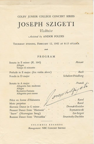 Szigeti, Joseph. (1892–1973) Signed Program and Recital Concert Flyer