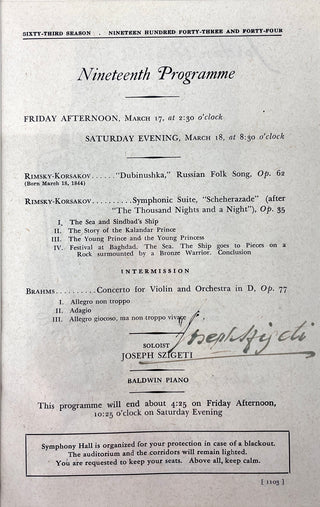 Szigeti, Joseph. (1892–1973) Signed Concert Program Framed Ensemble