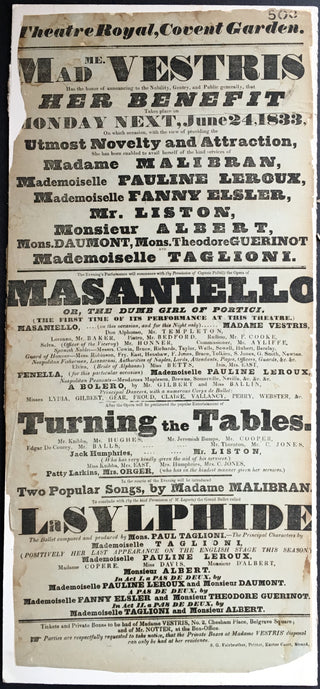 [Dance & Opera] Taglioni, Marie. (1804-1884) & Malibran, Maria. (1808-1836)  & Elssler, Fanny. (1810-1884)  & Vestris, Lucia Elizabeth. (1797 - 1856) Original 1833 Vestris Benefit Broadside