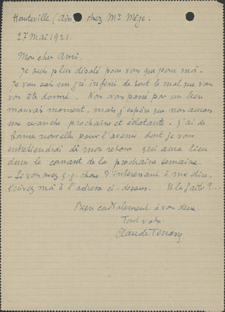 Terrasse, Claude. (1867–1923) [Jacquet, H. Maurice. (1886–1954)] "I hope we will have a resounding revenge soon" - Autograph Letter Signed to H. Maurice Jacquet