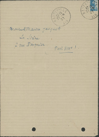 Terrasse, Claude. (1867–1923) [Jacquet, H. Maurice. (1886–1954)] "I hope we will have a resounding revenge soon" - Autograph Letter Signed to H. Maurice Jacquet