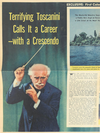 Toscanini, Arturo. (1867–1957) "Terrifying Toscanini Calls It a Career—with a Crescendo" – Sunday Mirror Magazine Clipping