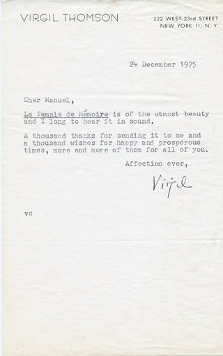 Thomson, Virgil. (1896–1989) [Rosenthal, Manuel. (1904–2003)] Typed letter signed  to Manuel Rosenthal