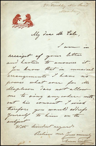 Tietjens, Thérèse. (1831-1877) Autograph Letter