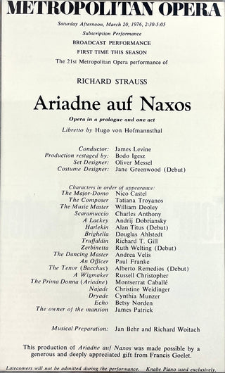 Titus, Alan. (b. 1945) Signed photograph from "Ariadne auf Naxos" at the Met (1976)