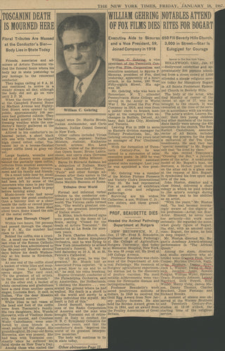 [Toscanini, Arturo. (1867–1957)] [Bernstein, Leonard. (1918–1990) & Stern, Isaac. (1920–2001)] Collection of Ephemera Related to Toscanini's Death, including an In Memoriam Program Insert and Newspaper Article.