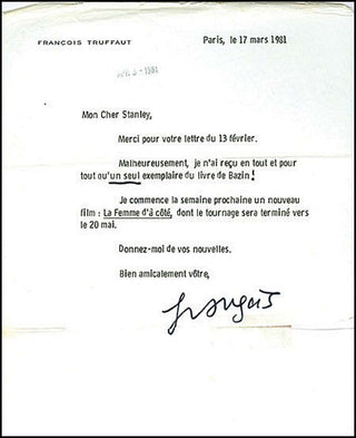 [Hollywood] Truffaut, Francois. (1932 - 1984) Signed Letter, mentioning "The Woman Next Door."