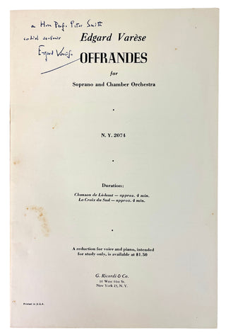 Varèse, Edgard. (1883–1965) "Offrandes" - Inscribed Full Score to a Columbia-Princeton Electronic Music Engineer