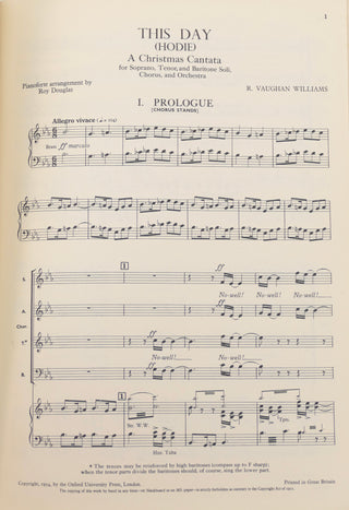Vaughan Williams, Ralph. (1872–1958) [Kennedy, Michael. (1926–2014)] This Day (Hodie): A Christmas Cantata. Vocal Score. Copy inscribed by the composer