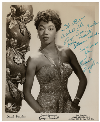 Vaughan, Sarah. (1924–1990) Signed Photograph from "Sassie Vaughan"
