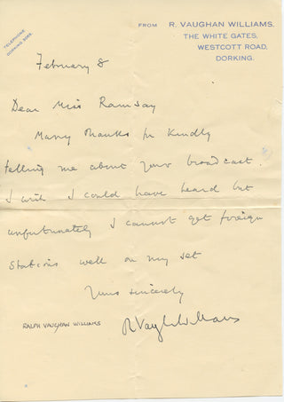 Vaughan Williams, Ralph. (1872–1958) "I cannot get foreign stations well at my set" - Signed Letter