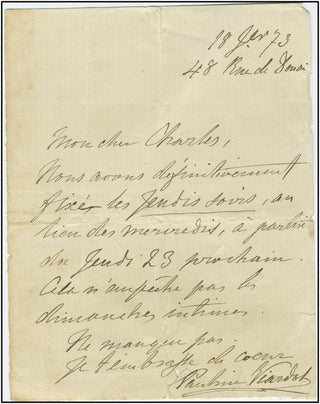 Viardot, Pauline. (1821-1910) Rare letter to Charles de Beriot, son of the famous violinist.