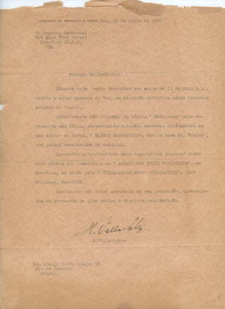 Villa-Lobos, Hector. (1887–1959) Typed Letter Signed about his "Rudepoema"