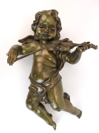 [Violin] [Cherub] Vintage Italian Classical Gilt Figural Musician Cherub Wall Sculpture