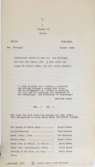 [Warhol, Andy. (1928–1987)] Berrigan, Ted. (ed.) C: A Journal of Poetry, vol. 1, no. 4. Sept. 1963.