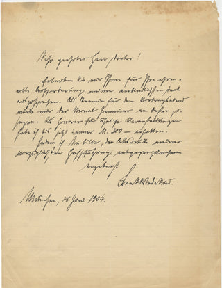 [Berg, Alban. (1885–1935)] Wedekind, Frank. (1864–1918) "As a fee for similar events, I have always received 300 marks" - Autograph Letter Signed