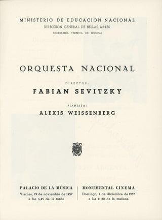 Weissenberg, Alexis. (1929–2012) & Sevitzky, Fabian. (1893–1967) Signed Concert Program