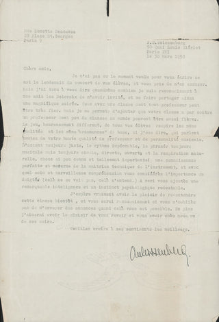 Weissenberg, Alexis. (1929-2012) [Descaves, Lucette. (1906-1993)] Typed Letter Signed