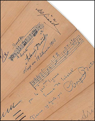 [Composers and Performers of the 19th Century ] Dvorák, Antonín Leopold. (1841 - 1904) & Boito, Arrigo. (1842-1918) & Caruso, Enrico. (1873-1921) & Wagner, Siegfried. (1869-1930) & Mascagni, Pietro. (1863-1945) & Charpentier, Gustave.  Wooden Fan signed b