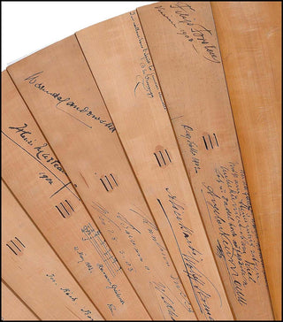[Composers and Performers of the 19th Century ] Dvorák, Antonín Leopold. (1841 - 1904) & Boito, Arrigo. (1842-1918) & Caruso, Enrico. (1873-1921) & Wagner, Siegfried. (1869-1930) & Mascagni, Pietro. (1863-1945) & Charpentier, Gustave.  Wooden Fan signed b