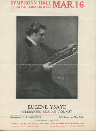 Ysaye, Eugene. (1858–1931) Boston Symphony Hall Concert Promotional Flyer