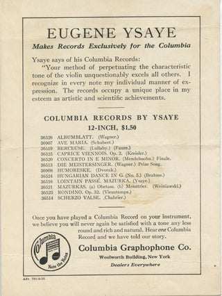 Ysaye, Eugene. (1858–1931) Boston Symphony Hall Concert Promotional Flyer